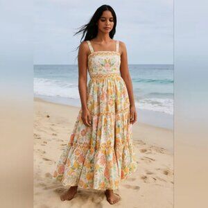 Rachel Zoe Sleeveless Tiered Maxi Dress Floral Smocked Embroidered size 12